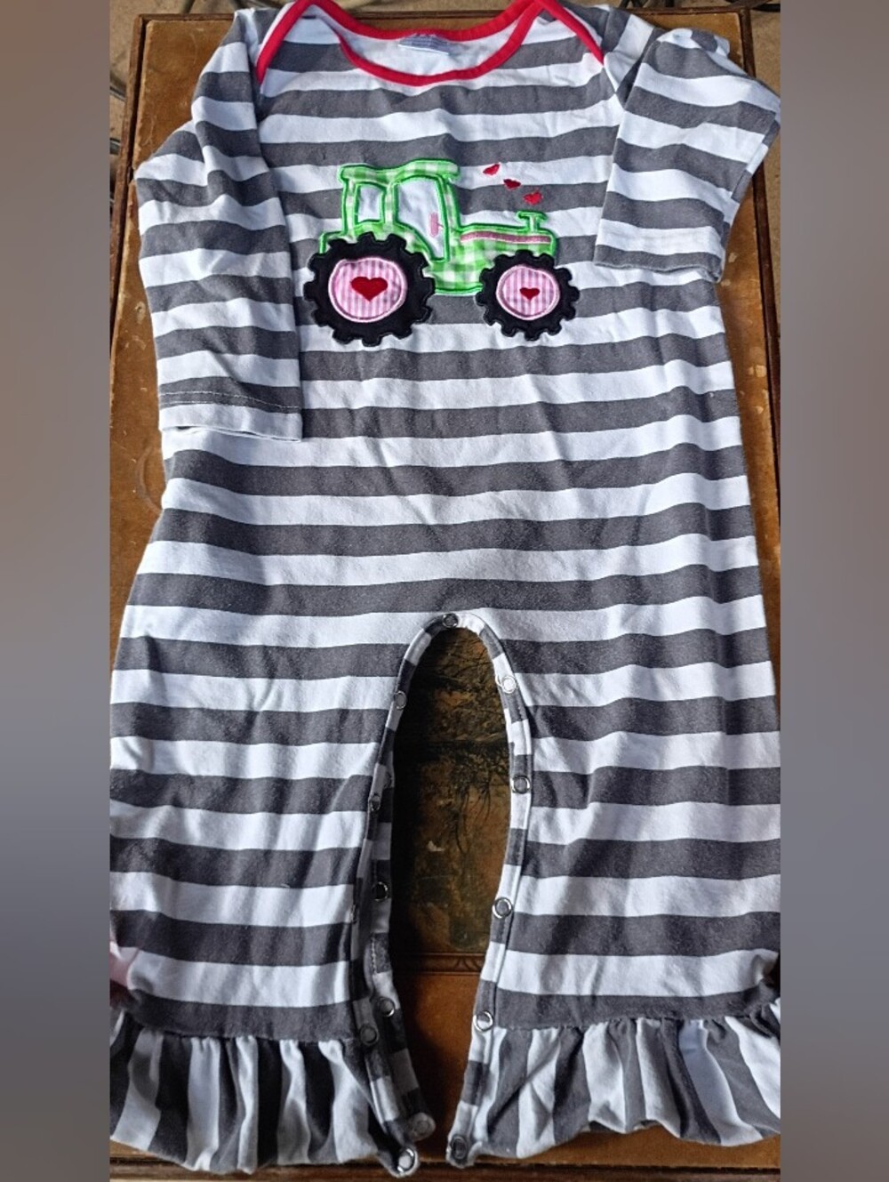 Striped Gray & White Kids One-Piece with Green Tractor Applique